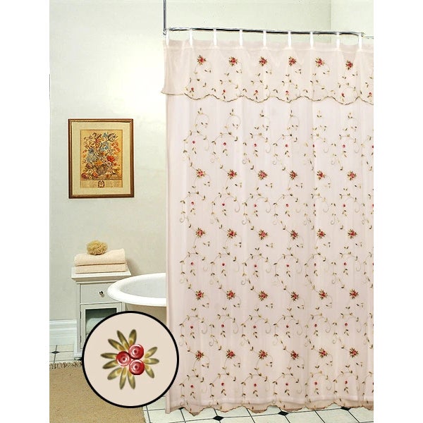 Adorable tulle shower curtain with an attached 12" long scalloped valance and detailed, embroidered roses and green vines...