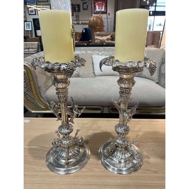 Contemporary Pair of Silver Plated Candle Holders For Sale - Image 3 of 4