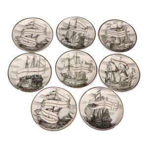 Vintage Piero Fornasetti Tall Ship Ceramic Coasters With Original Blue Box, Velieri Pattern