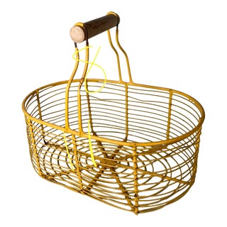 Vintage Yellow Metal Egg Basket W Wooden Handle For Sale