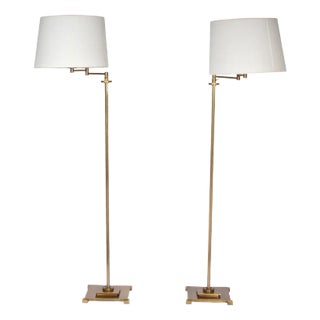 Modern Glass and Brass Adjustable Floor Lamps, a Pair For Sale