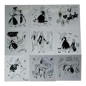 1960s Vintage French Etched Glass Cinderella Panels- Set of 9