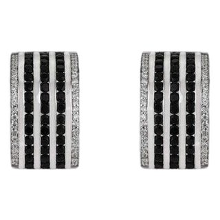 Sterling Silver Black Onyx & Zircon Wide Bar Half Hoop Earrings for Her, A Pair For Sale