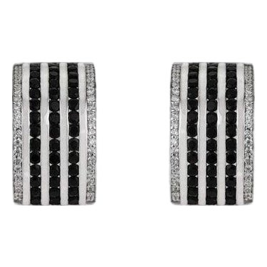 Sterling Silver Black Onyx & Zircon Wide Bar Half Hoop Earrings for Her, A Pair For Sale