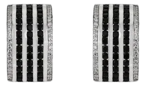 Sterling Silver Black Onyx & Zircon Wide Bar Half Hoop Earrings for Her, A Pair