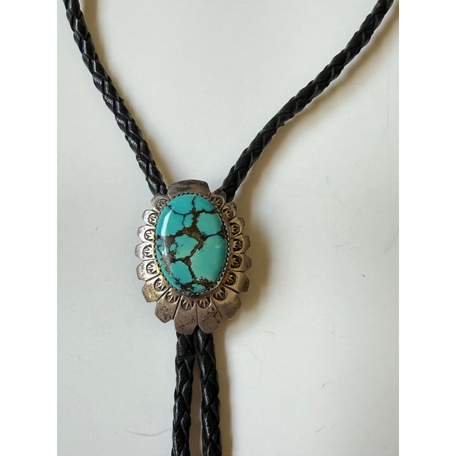 American Vintage Navajo Sterling Silver and Turquoise Bolo Tie Signed Ap For Sale - Image 3 of 7
