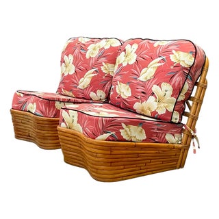 Vintage Stacked Wave Rattan Slipper Chairs After Paul Frankl For Sale