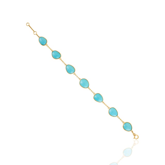 Turquoise Classic 13.7ct Turquoise Cabochon Bezel Set Station Bracelet in 14k Yellow Gold For Sale - Image 8 of 13