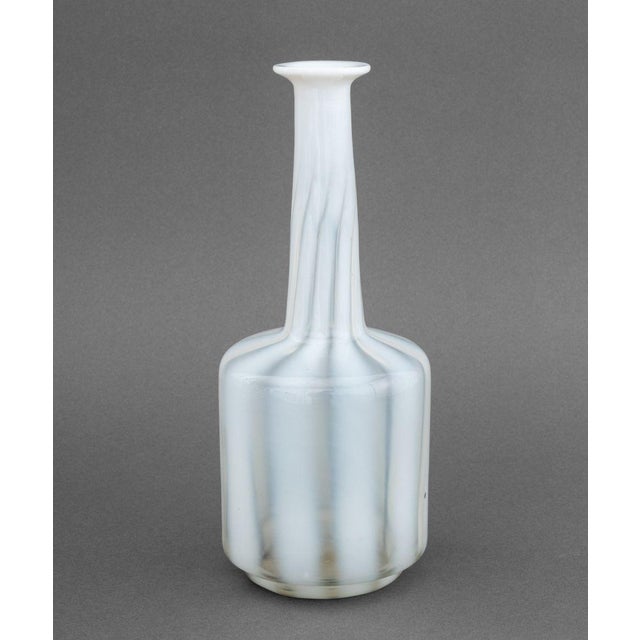 French Opaline Glass Bottle Vase, with alternating milky white and clear glass stripes. 10.75" H x 4.25" Diameter....