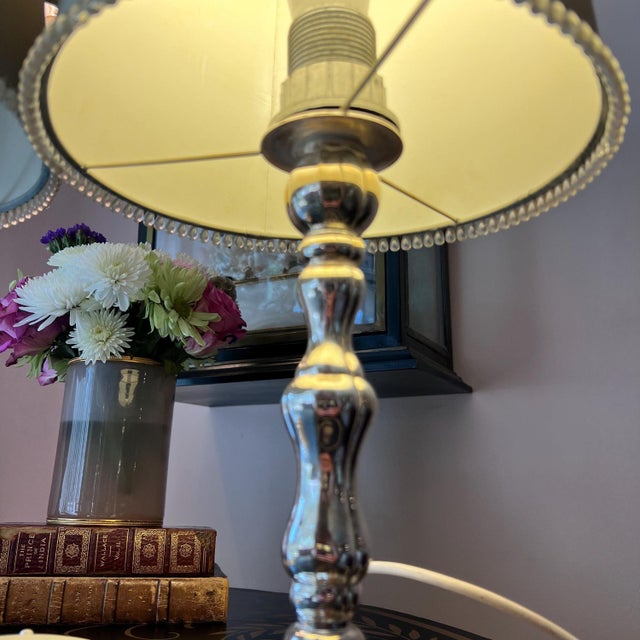 Silver Pair of vintage silverplate candlestick lamps with original silk shades with bead trim // Euro fitter lamp shades // elegant pair of lamps For Sale - Image 8 of 10