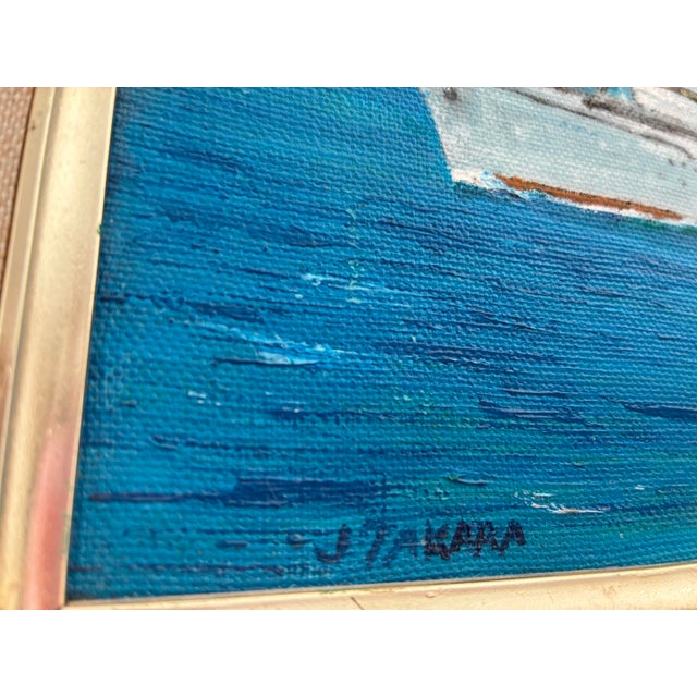 Mid-Century Modern Original 1970s James J. Takara Oil Painting: "Ss Lurline at Diamond Head" in Faux Bamboo Frame - Hollywood Regency Style For Sale - Image 3 of 7