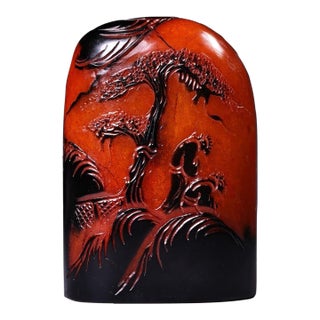 Vintage Shoushan Stone Seal With Relief Landscape Carving For Sale