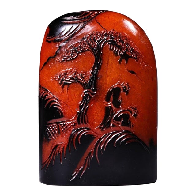 Vintage Shoushan Stone Seal With Relief Landscape Carving For Sale