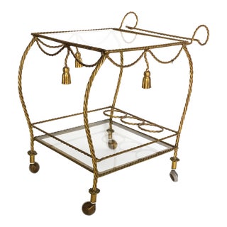 1960s Mid Century Modern Gold Gilt Tassle Bar Cart For Sale