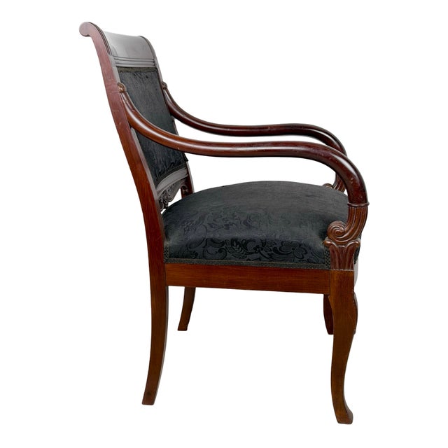 Antique Empire Style Mahogany Armchair With Black Damask Upholstery For Sale - Image 9 of 18