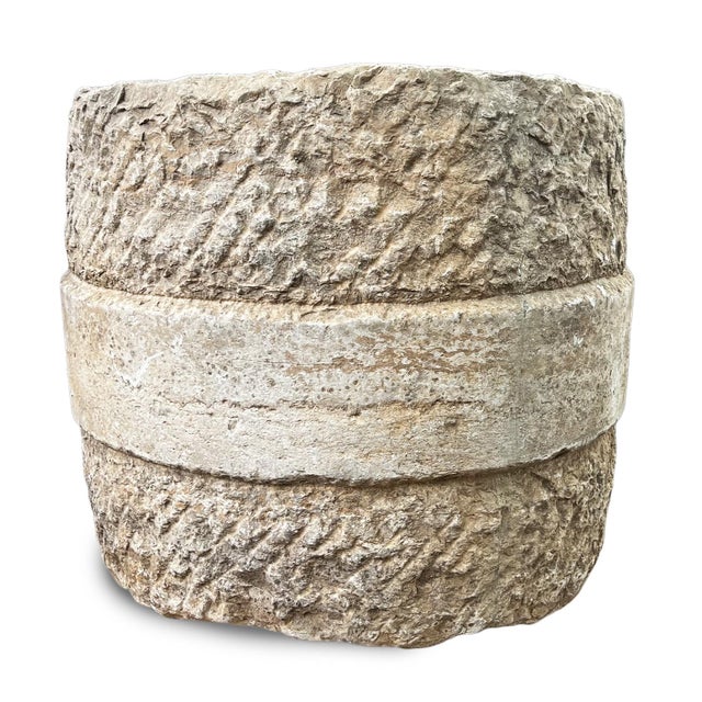 Vintage Mid 20th Century Granite Chiseled Barrel Planter For Sale - Image 4 of 8