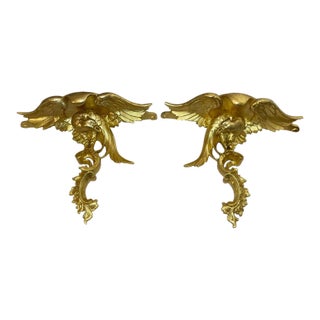 Pair of Antique Italian Federal Gold Gilt-Wood Figural Bird Wall Shelves Shelf For Sale