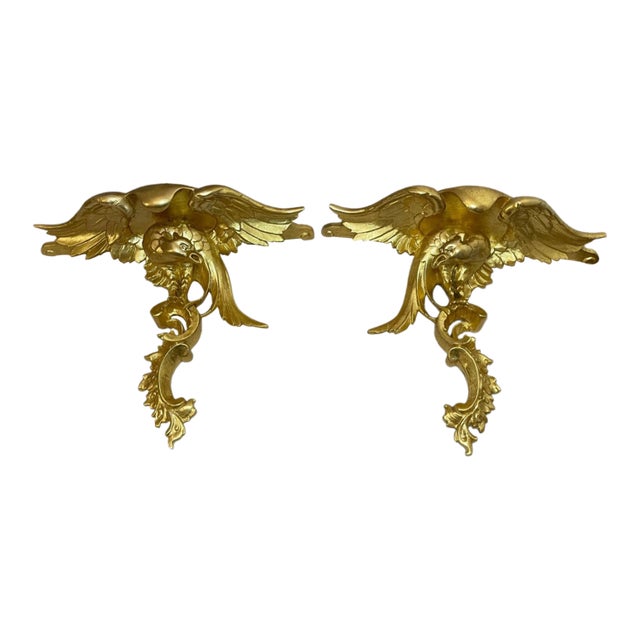 Pair of Antique Italian Federal Gold Gilt-Wood Figural Bird Wall Shelves Shelf For Sale