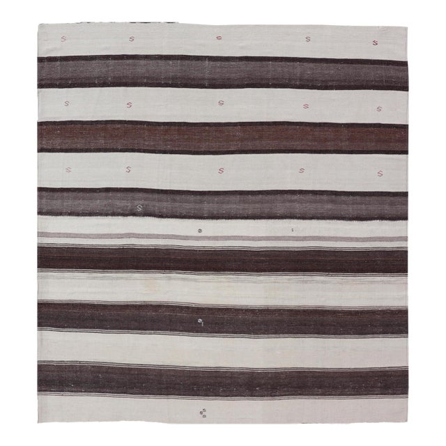 Striped Turkish Vintage Kilim Flat-Weave Rug in Brown, Mocha, and Ivory For Sale