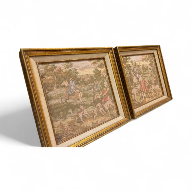 Exquisite pair of woven French tapestry pictures in the Louis XV style, depicting romantic figurative scenes inspired by...