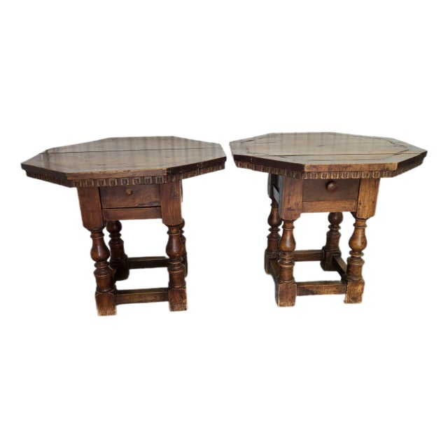 Pair of Antique Octagonal Side Tables – Jacobean Style English Design With Inlay & Gadrooned Edge | 19th Century Italian-Made For Sale