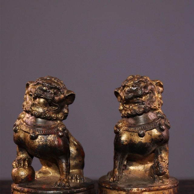 Paint Pair Antique Chinese Gilt Bronze Foo Dog Guardian Lion Statues, Decorative Scholar’s Table Figurines For Sale - Image 7 of 9