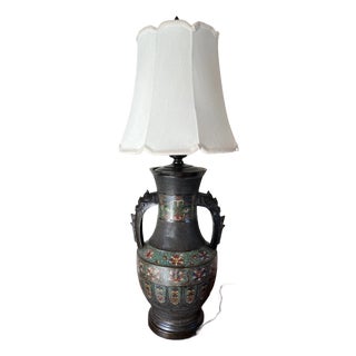 Early 20th Century Large 42" Chinese Cloisonné & Bronze Taotie Hu Vase Table Lamp For Sale