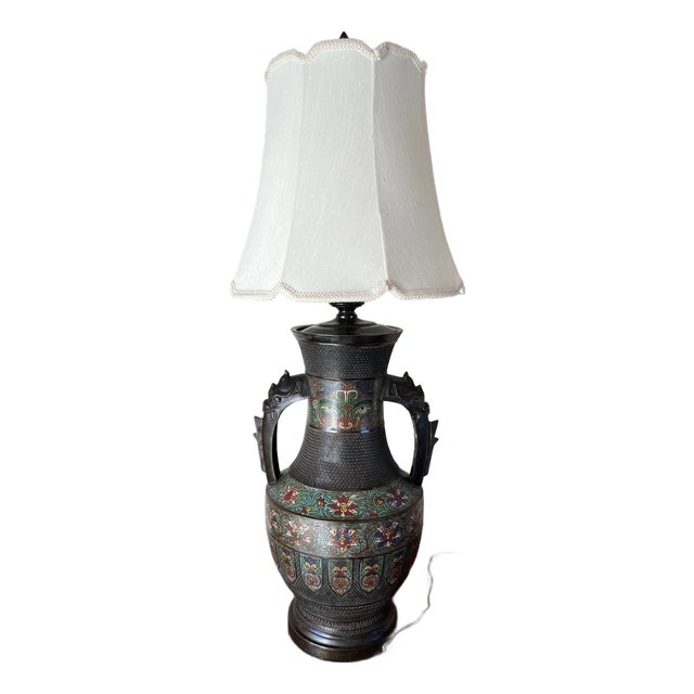 Early 20th Century Large 42" Chinese Cloisonné & Bronze Taotie Hu Vase Table Lamp For Sale