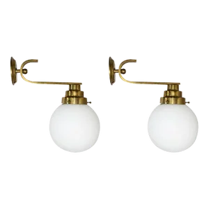 Pair Vintage Art Deco Wall Sconces in Brass & Globe Milk Glass Shade Ship Light