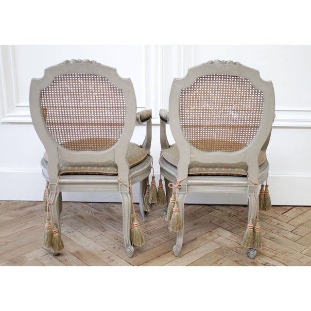 Late 19th Century 19th Century Painted Sheild Back Ribbon Carved Cane Open Armchairs For Sale - Image 5 of 13