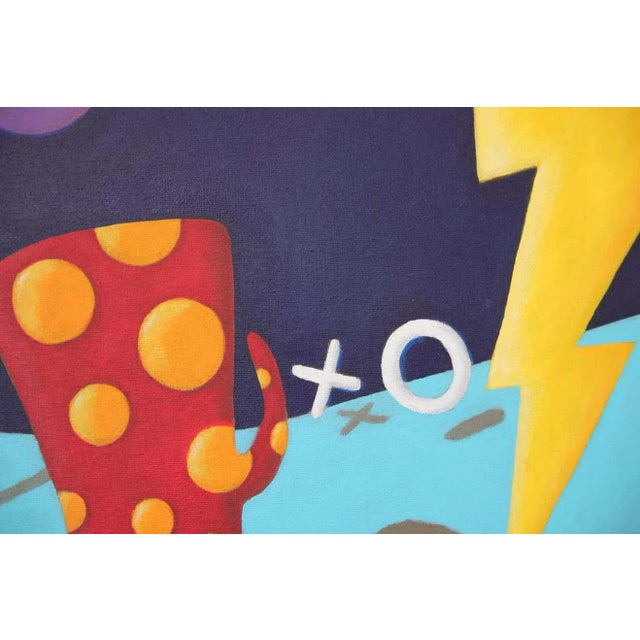 Colorful abstract surrealist landscape by contemporary Houston artist Scott Woodard. The work features a red and orange...