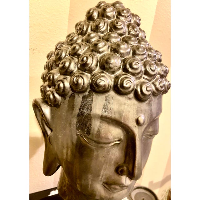 Chinese Extra Large Ceramic Buddha Head Sculpture Mounted on a Metal Stand For Sale - Image 3 of 12