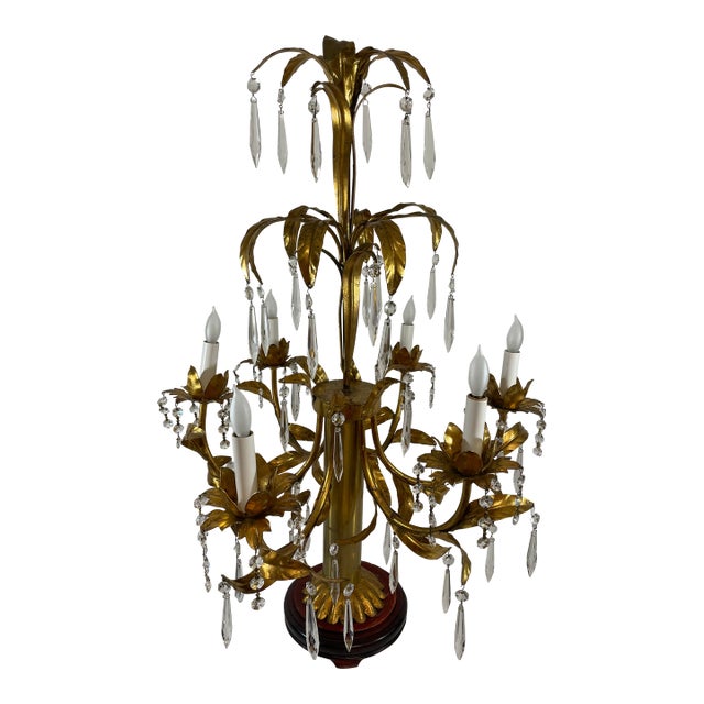 Mid 20th Century Italian Gilt Tole and Crystals Electric Candelabra Lamp For Sale