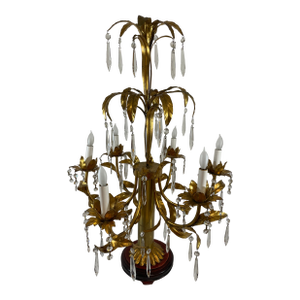 Mid 20th Century Italian Gilt Tole and Crystals Electric Candelabra Lamp