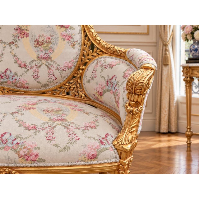 Wood 1970 French Artisan Louis XVI Gold Damask Settee For Sale - Image 7 of 13