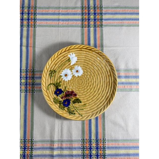 German Schramberg majolica platter marked "Germany 41 476 1" Tan basket weave pattern with white, blue, and burgundy...