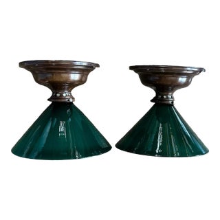 Pair of Green Emeralite Glass Shade Flush Mount Fixtures on Bronzing Patina Brass Holders, Circa 1920 For Sale