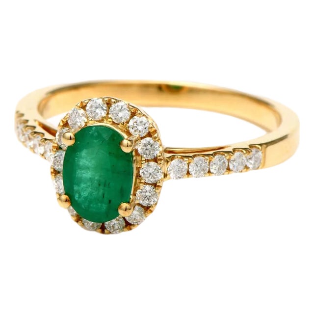 14KY Emerald(0.76) & Diamond(0.35) Halo Ring, size 7 For Sale