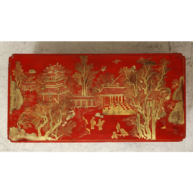 Chinoiserie Vintage Hand Painted Red Lacquered Chinoiserie Cocktail/Coffee Table For Sale - Image 3 of 11