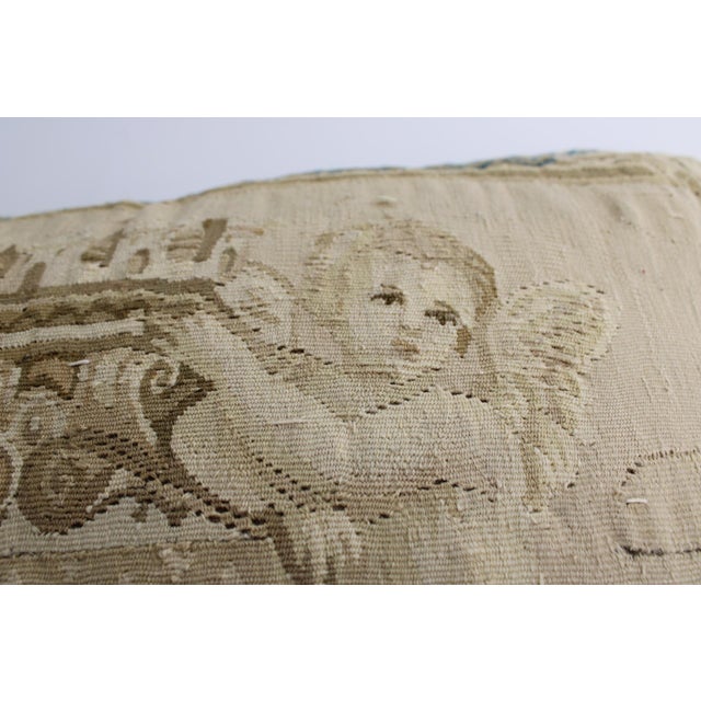 Tan Antique French Aubusson Tapestry Needlepoint Pillow W/Cherubs Putto, 24x24" For Sale - Image 8 of 11