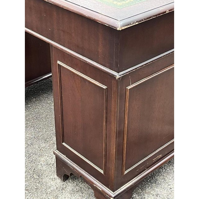 Pedestal Desk in Flame Veneer Mahogany with Green Leather Top For Sale - Image 9 of 13