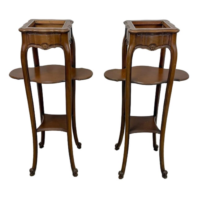 French Provincial Planter Box Stand Side Table Copper Tray Vintage Pair For Sale
