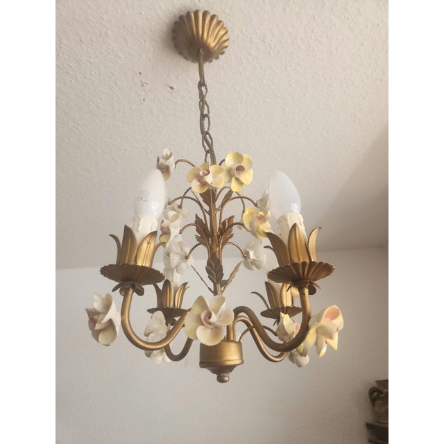 Metal Vintage Shabby Chic Florentine Pendant Lamp Four-Armed with Gold-Tone Porcelain Roses, 1960s For Sale - Image 7 of 18