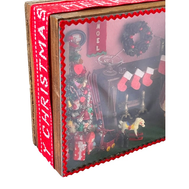 Vintage Handmade Christmas Diorama Shadow Box With Miniature Holiday Stocking by the Fire Scene. For Sale - Image 9 of 13