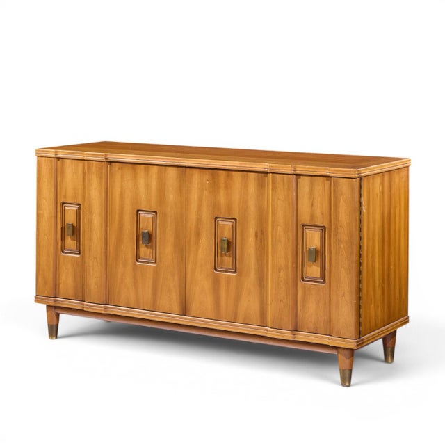 John Widdicomb John Widdicomb Mid Century Walnut and Brass Credenza With Hutch For Sale - Image 4 of 14
