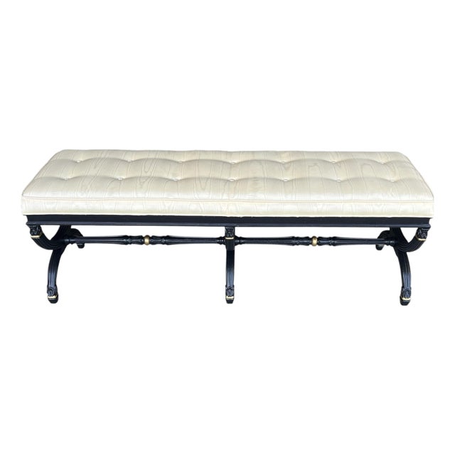 1970s Elegant Ebonized X-Base Bench With Tufted Oyster Upholstery & Gold Accents For Sale