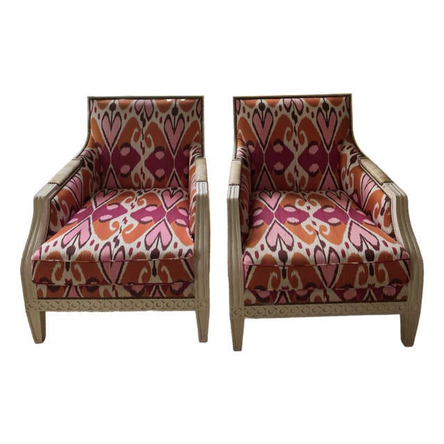 Pair of Bergere Chairs Upholstered in Vintage Madeline Weinrib Silk For Sale