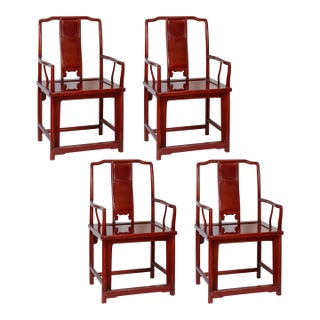 Set of 4 Ming Style Dinning Chairs in Red Lacquer For Sale