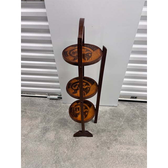 Brown Vintage Three Tier Folding Plant Stand With Koi Design For Sale - Image 8 of 12