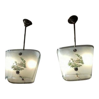 1920's Italian Art Deco Period Hand Painted Barovier & Toso Crystal Lanterns / Pendants/ Flush Mount Fixtures a Pair For Sale